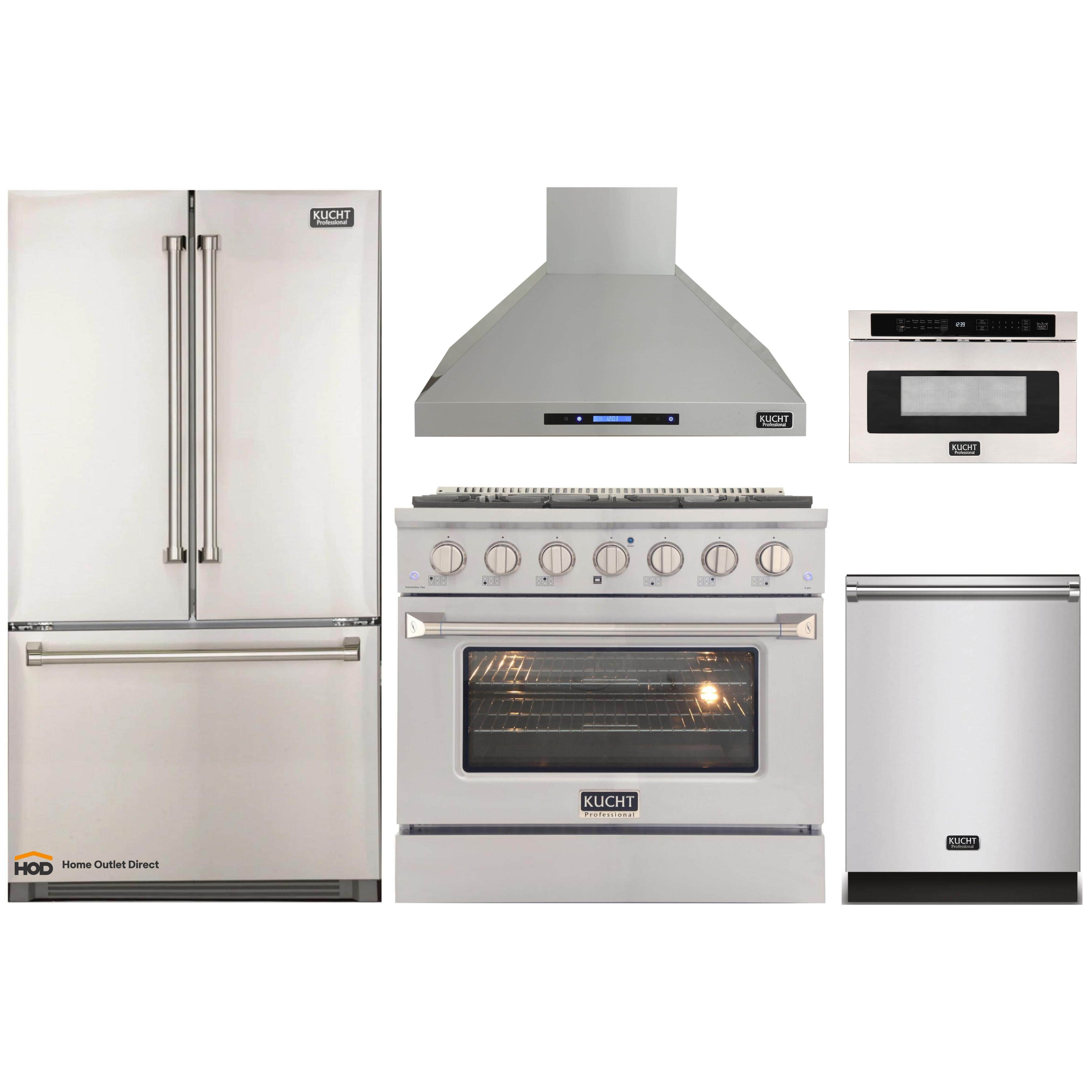 Kucht 5Piece Appliance Package 36Inch Dual Range, Refrigerator, Wa