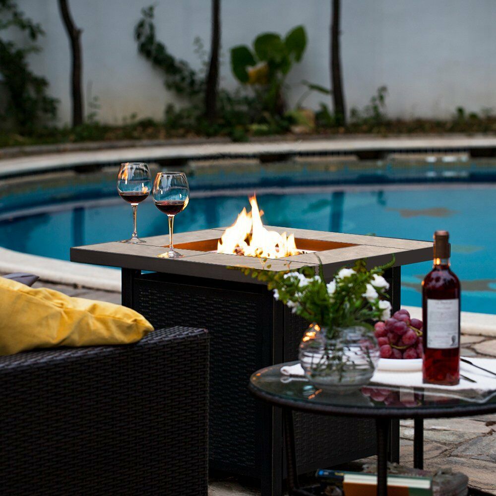 Premium Outdoor Propane Patio Heater Gas Fire Pit Blue Table Glass