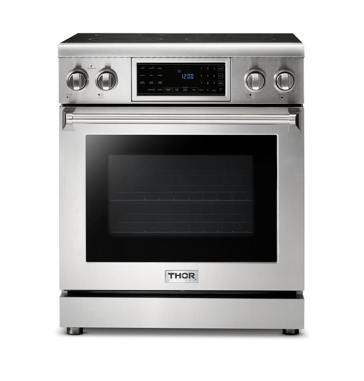 Thor Kitchen 4-Piece Appliance Package - 30-Inch Electric Range with Tilt Panel, Refrigerator with Water Dispenser, Wall Mount Hood, & Dishwasher in Stainless Steel