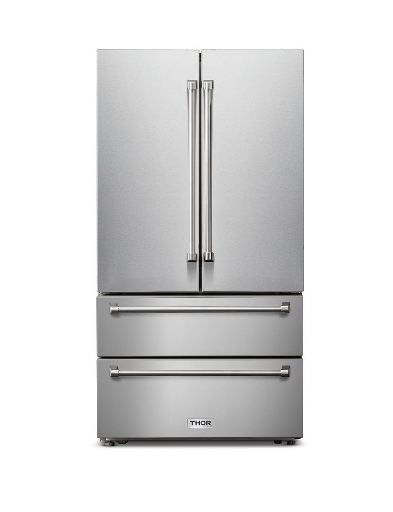 Thor Kitchen 5-Piece Appliance Package - 30-Inch Electric Range, French Door Refrigerator, Wall Mount Hood, Dishwasher, & Wine Cooler in Stainless Steel