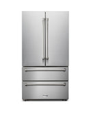 Thor Kitchen 5-Piece Appliance Package - 36-Inch Gas Range with Tilt Panel, French Door Refrigerator, Pro-Style Wall Mount Hood, Dishwasher, and Wine Cooler in Stainless Steel