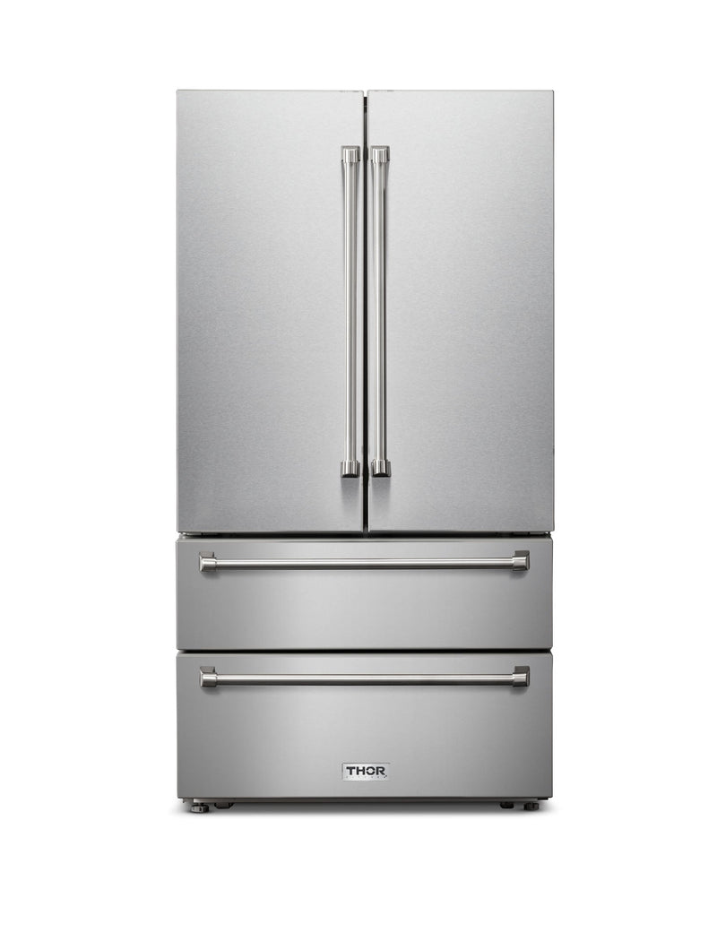 Thor Kitchen 4-Piece Appliance Package - 36-Inch Gas Range, French Door Refrigerator, Pro-Style Wall Mount Hood, and Dishwasher in Stainless Steel