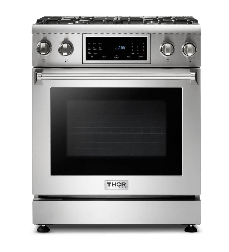 Thor Kitchen 2-Piece Appliance Package - 30-Inch Gas Range with Tilt Panel & Premium Wall Mounted Hood in Stainless Steel