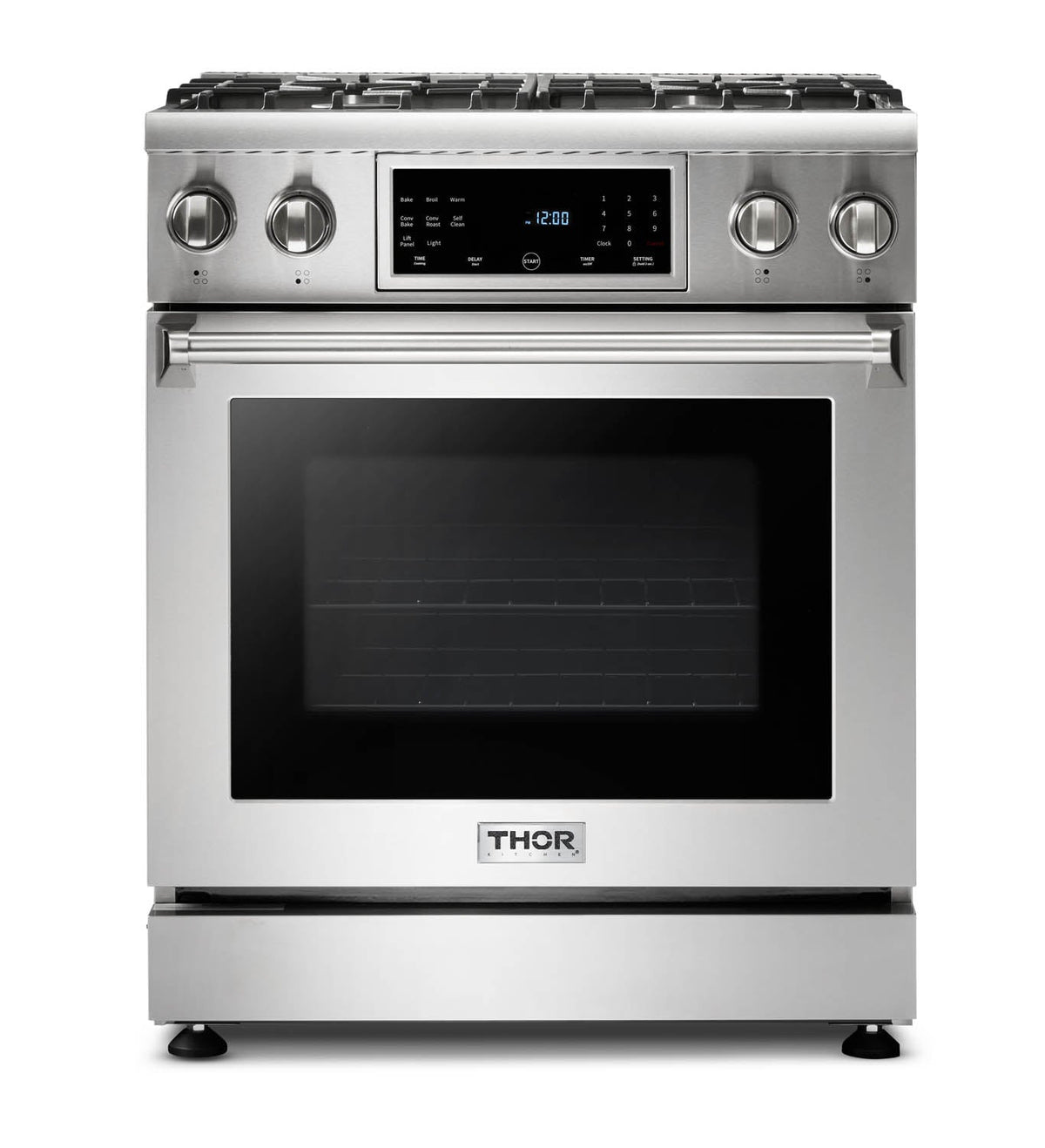Thor Kitchen 4-Piece Appliance Package - 30-Inch Gas Range with Tilt Panel, Refrigerator with Water Dispenser, Wall Mount Hood, & Dishwasher in Stainless Steel