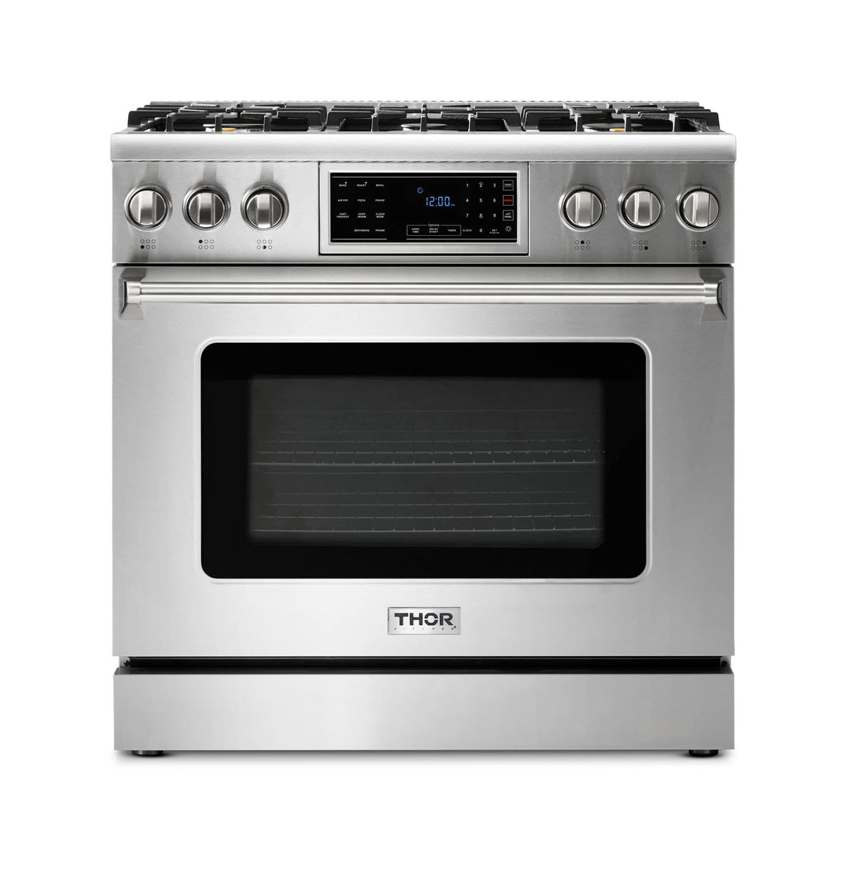 Thor Kitchen 4-Piece Appliance Package - 36-Inch Gas Range with Tilt Panel, Refrigerator with Water Dispenser, Wall Mount Hood, & Dishwasher in Stainless Steel