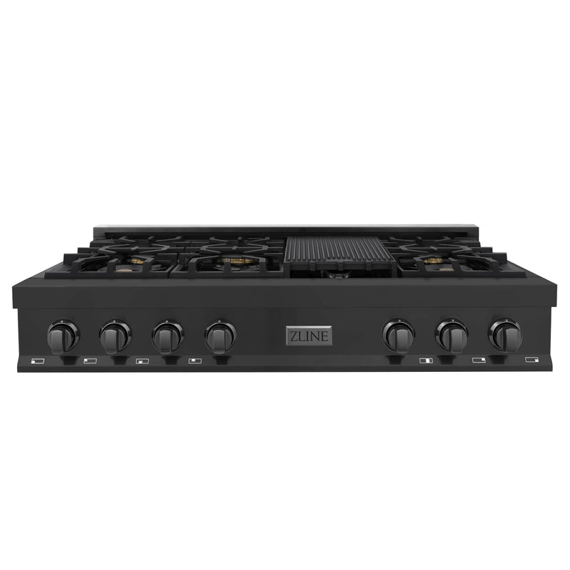 ZLINE 5-Piece Appliance Package - 48-Inch Rangetop with Brass Burners, Refrigerator, 30-Inch Electric Wall Oven, 3-Rack Dishwasher, and Convertible Wall Mount Hood in Black Stainless Steel (5KPR-RTBRH48-AWSDWV)