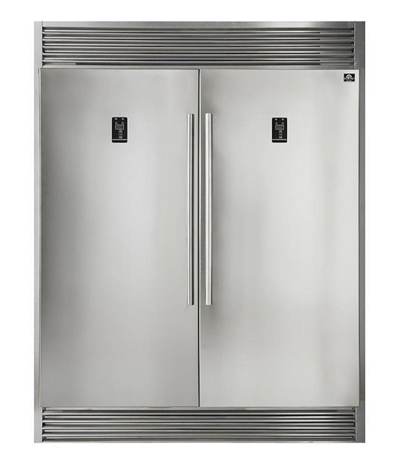 Forno 4-Piece Appliance Package - 48-Inch Dual Fuel Range, 56-Inch Pro-Style Refrigerator, Wall Mount Hood with Backsplash, & 3-Rack Dishwasher in Stainless Steel