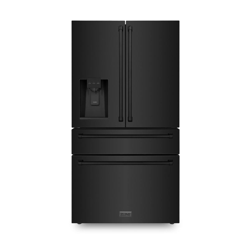 ZLINE 4-Piece Appliance Package - 48-Inch Dual Fuel Range with Brass Burners, Refrigerator with Water Dispenser, Convertible Wall Mount Hood, and 3-Rack Dishwasher in Black Stainless Steel (4KPRW-RABRH48-DWV)