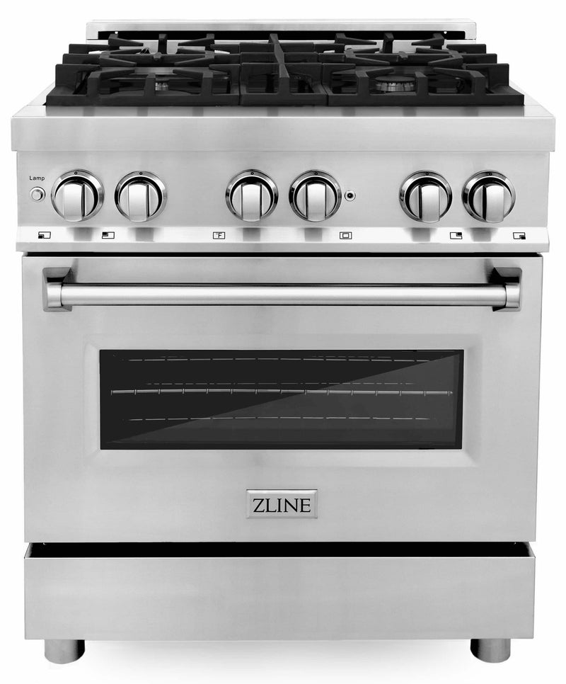 ZLINE 4-Piece Appliance Package - 30-Inch Dual Fuel Range, Refrigerator, Convertible Wall Mount Hood, and Microwave Drawer in Stainless Steel (4KPR-RARH30-MW)