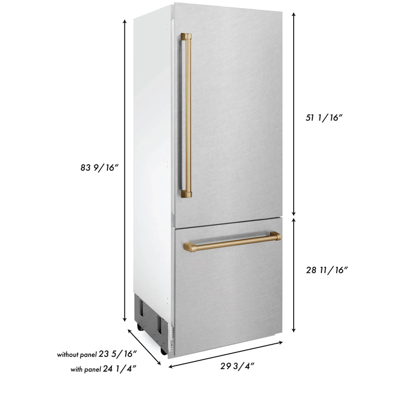 ZLINE 30-Inch Autograph Edition 16.1 cu. ft. Built-in 2-Door Bottom Freezer Refrigerator with Internal Water and Ice Dispenser in Fingerprint Resistant Stainless Steel with Champagne Bronze Accents (RBIVZ-SN-30-CB)