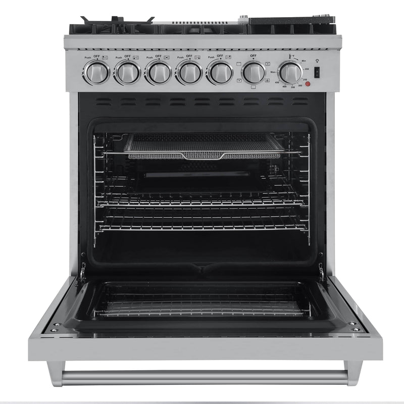 Forno 4-Piece Appliance Package - 30-Inch Dual Fuel Range with Air Fryer, Refrigerator, Microwave Drawer, & 3-Rack Dishwasher in Stainless Steel
