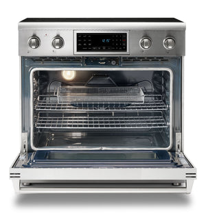 Thor Kitchen 6-Piece Appliance Package - 36-Inch Electric Range with Tilt Panel, French Door Refrigerator, Pro-Style Wall Mount Hood, Dishwasher, Microwave Drawer, & Wine Cooler in Stainless Steel