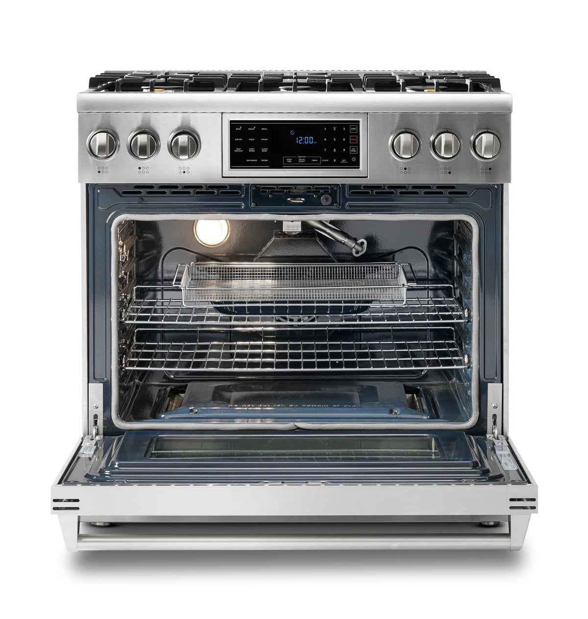 Thor Kitchen 4-Piece Appliance Package - 36-Inch Gas Range with Tilt Panel, Refrigerator with Water Dispenser, Wall Mount Hood, & Dishwasher in Stainless Steel