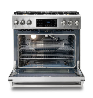 Thor Kitchen 6-Piece Appliance Package - 36-Inch Gas Range with Tilt Panel, Refrigerator with Water Dispenser, Pro-Style Wall Mount Hood, Dishwasher, Microwave Drawer, & Wine Cooler in Stainless Steel