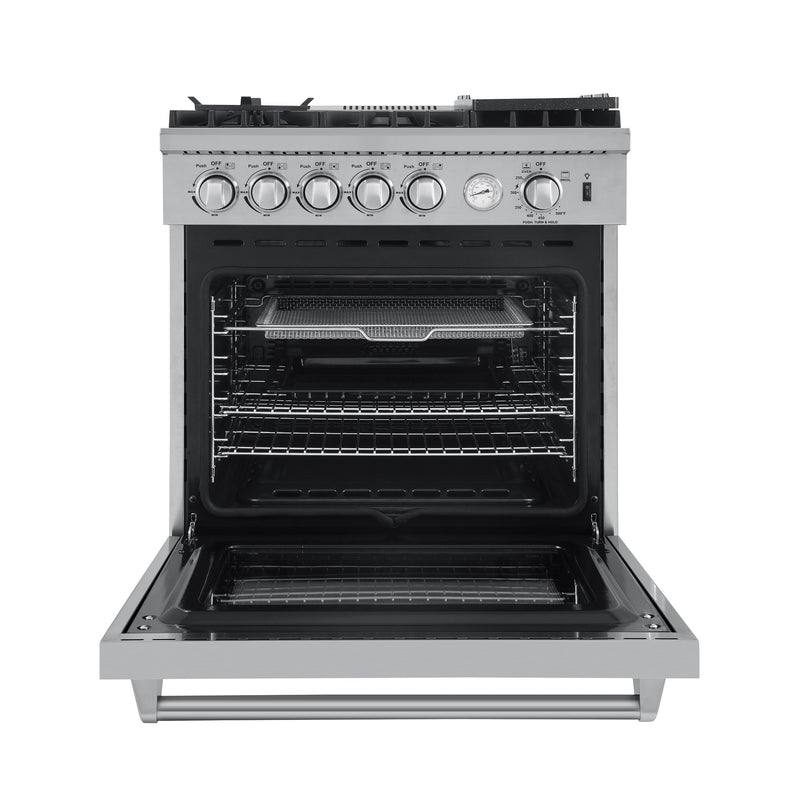 Forno 4-Piece Appliance Package - 30-Inch Gas Range with Air Fryer, Refrigerator with Water Dispenser, Wall Mount Hood with Backsplash, & 3-Rack Dishwasher in Stainless Steel