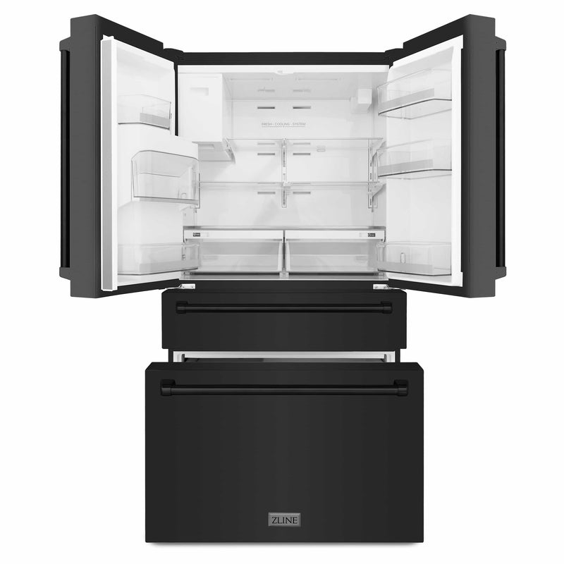 ZLINE 4-Piece Appliance Package - 36-Inch Dual Fuel Range with Brass Burners, Refrigerator with Water Dispenser, Convertible Wall Mount Hood, and 3-Rack Dishwasher in Black Stainless Steel (4KPRW-RABRH36-DWV)