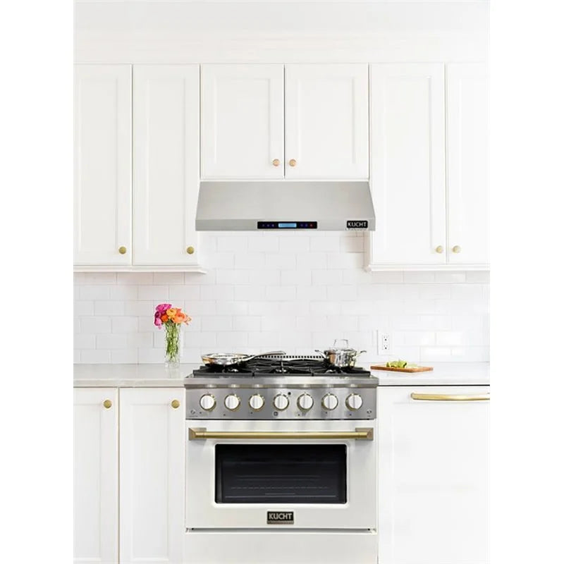 Kucht Signature 30-Inch Gas Range with Convection Oven in White with White Knobs & Gold Handle KNG301-W-GOLD