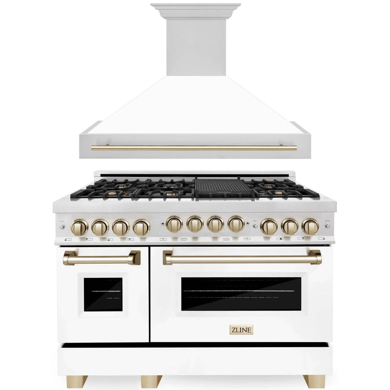 ZLINE Autograph Edition 2-Piece Appliance Package - 48-Inch Gas Range & Wall Mounted Range Hood in DuraSnow® Stainless Steel with White Matte Door and Gold Trim (2AKPR-RGSWMRH48-G)