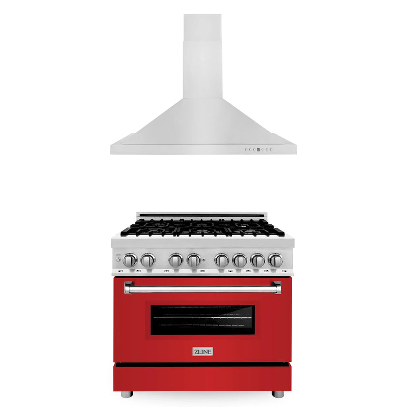 ZLINE 2-Piece Appliance Package - 36-inch Dual Fuel Range with Red Matte Door and Convertible Vent Range Hood in Stainless Steel (2KP-RARMRH36)