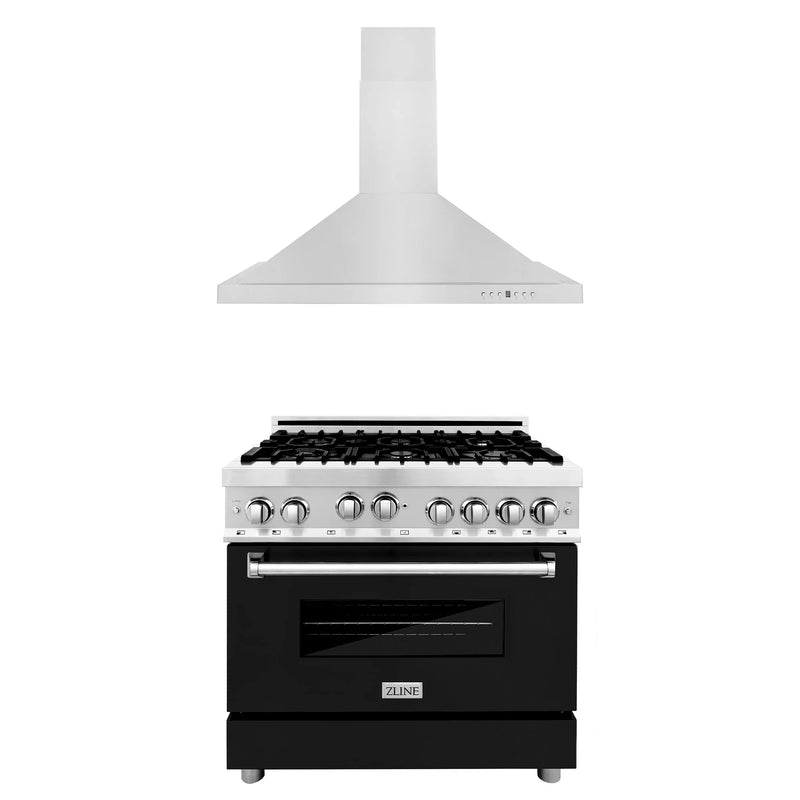 ZLINE 2-Piece Appliance Package - 36-inch Gas Range with Black Matte Door and Convertible Vent Range Hood in Stainless Steel (2KP-RGBLMRH36)