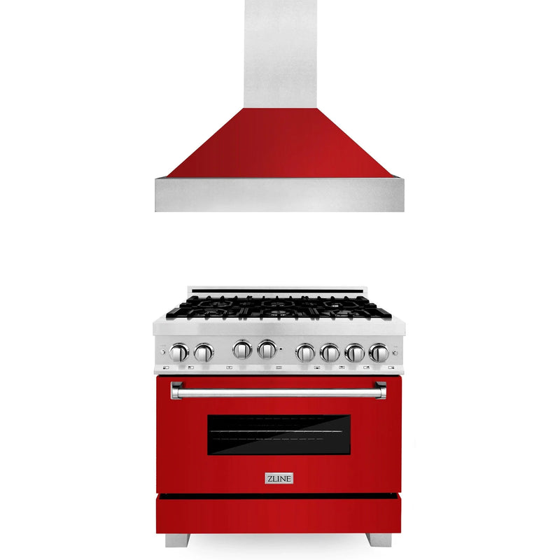 ZLINE 2-Piece Appliance Package - 36-inch Gas Range & Premium Wall Mount Range Hood in DuraSnow Stainless Steel with Red Gloss (2KP-RGSRGRH36)