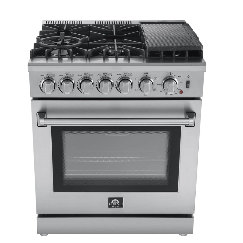 Forno 3-Piece Appliance Package - 30-Inch Dual Fuel Range with Air Fryer, French Door Refrigerator, and Dishwasher in Stainless Steel