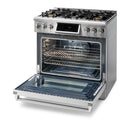 Thor Kitchen 6-Piece Appliance Package - 36-Inch Gas Range with Tilt Panel, Refrigerator with Water Dispenser, Pro-Style Wall Mount Hood, Dishwasher, Microwave Drawer, & Wine Cooler in Stainless Steel