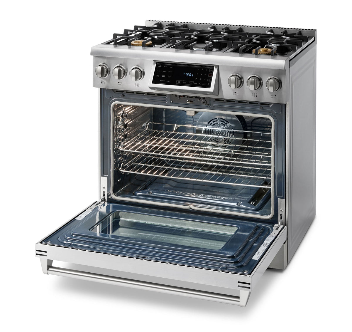 Thor Kitchen 4-Piece Appliance Package - 36-Inch Gas Range with Tilt Panel, Refrigerator with Water Dispenser, Wall Mount Hood, & Dishwasher in Stainless Steel