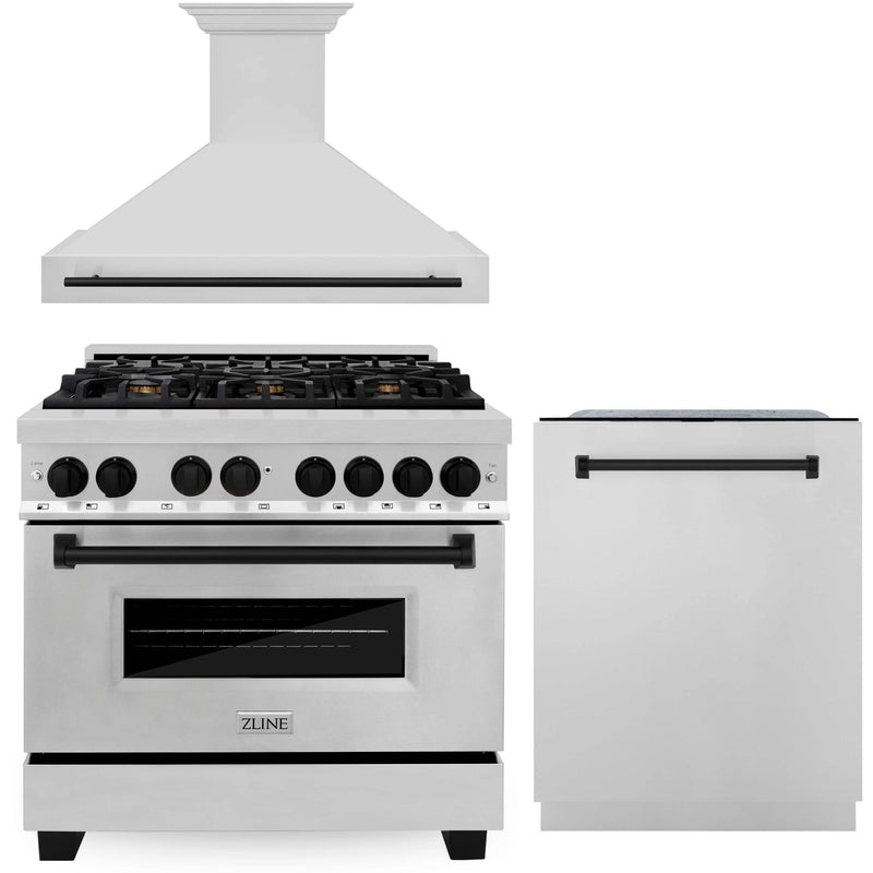 ZLINE Autograph Edition 3-Piece Appliance Package - 36-Inch Dual Fuel Range, Wall Mounted Range Hood, & 24-Inch Tall Tub Dishwasher in Stainless Steel with Matte Black Trim (3AKP-RARHDWM36-MB)