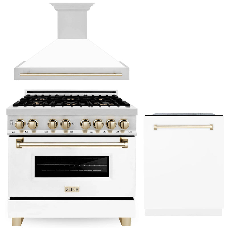ZLINE Autograph Edition 3-Piece Appliance Package - 36-Inch Dual Fuel Range, Wall Mounted Range Hood, and 24-Inch Tall Tub Dishwasher in Stainless Steel and White Door with Gold Trim (3AKP-RAWMRHDWM36-G)
