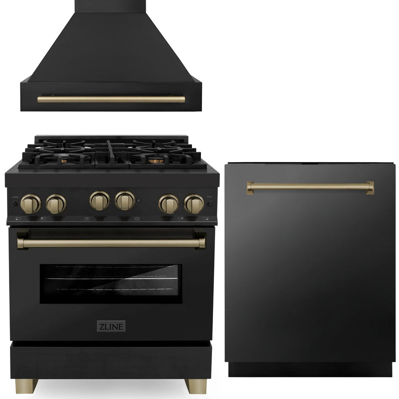ZLINE Autograph Edition 3-Piece Appliance Package - 30-Inch Gas Range, Wall Mounted Range Hood, & 24-Inch Tall Tub Dishwasher in Black Stainless Steel with Champagne Bronze Trim (3AKP-RGBRHDWV30-CB)
