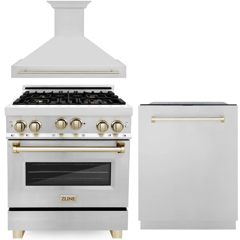 ZLINE Autograph Edition 3-Piece Appliance Package - 30-Inch Gas Range, Wall Mounted Range Hood, & 24-Inch Tall Tub Dishwasher in Stainless Steel with Gold Trim (3AKP-RGRHDWM30-G)