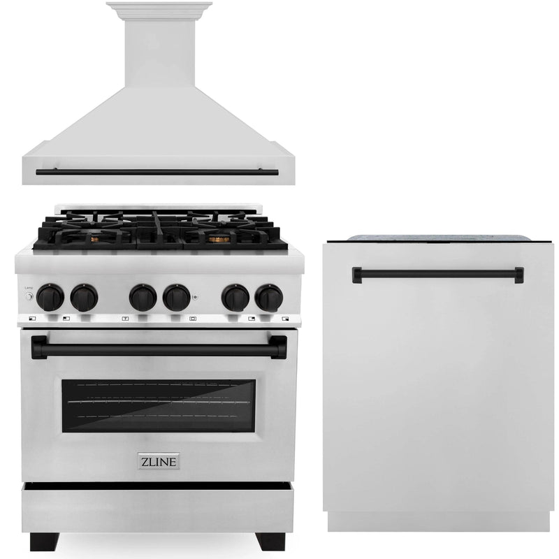 ZLINE Autograph Edition 3-Piece Appliance Package - 30-Inch Gas Range, Wall Mounted Range Hood, & 24-Inch Tall Tub Dishwasher in Stainless Steel with Matte Black Trim (3AKP-RGRHDWM30-MB)