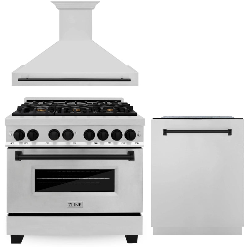 ZLINE Autograph Edition 3-Piece Appliance Package - 36-Inch Gas Range, Wall Mounted Range Hood, & 24-Inch Tall Tub Dishwasher in Stainless Steel with Matte Black Trim (3AKP-RGRHDWM36-MB)