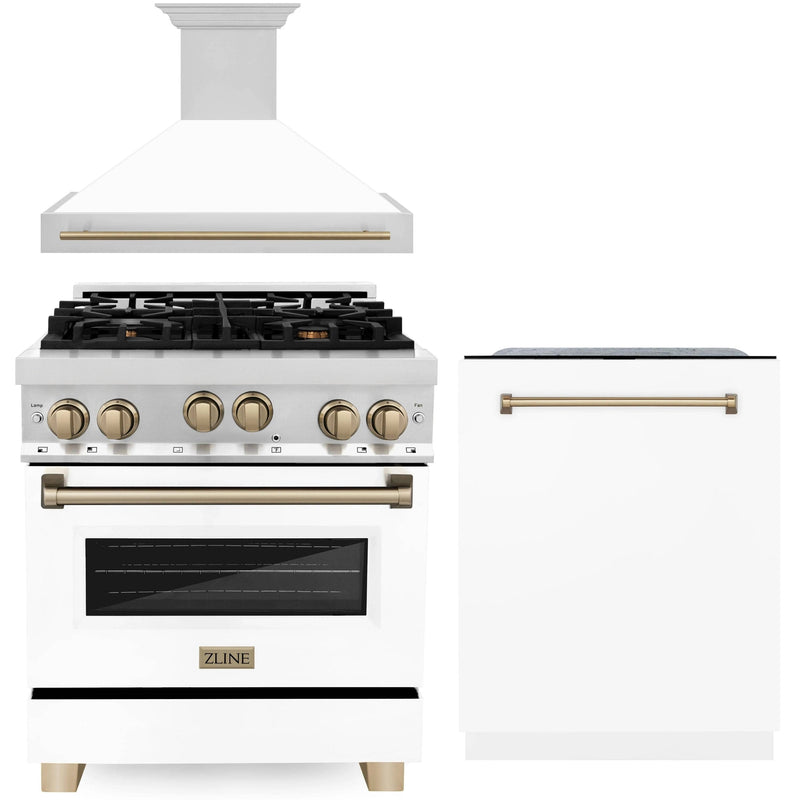 ZLINE Autograph Edition 3-Piece Appliance Package - 30-Inch Gas Range, Wall Mounted Range Hood, & 24-Inch Tall Tub Dishwasher in Stainless Steel and White Door with Champagne Bronze Trim (3AKP-RGWMRHDWM30-CB)