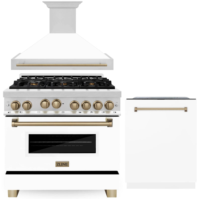 ZLINE Autograph Edition 3-Piece Appliance Package - 36-Inch Gas Range, Wall Mounted Range Hood, & 24-Inch Tall Tub Dishwasher in Stainless Steel and White Door with Champagne Bronze Trim (3AKP-RGWMRHDWM36-CB)