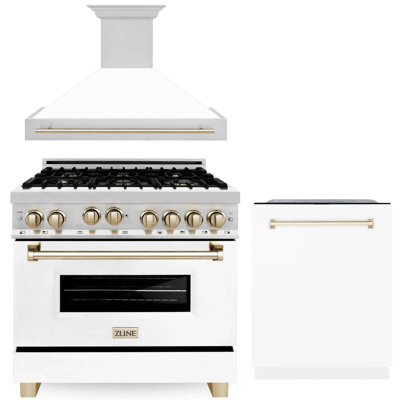 ZLINE Autograph Edition 3-Piece Appliance Package - 36-Inch Gas Range, Wall Mounted Range Hood, & 24-Inch Tall Tub Dishwasher in Stainless Steel and White Door with Gold Trim (3AKP-RGWMRHDWM36-G)