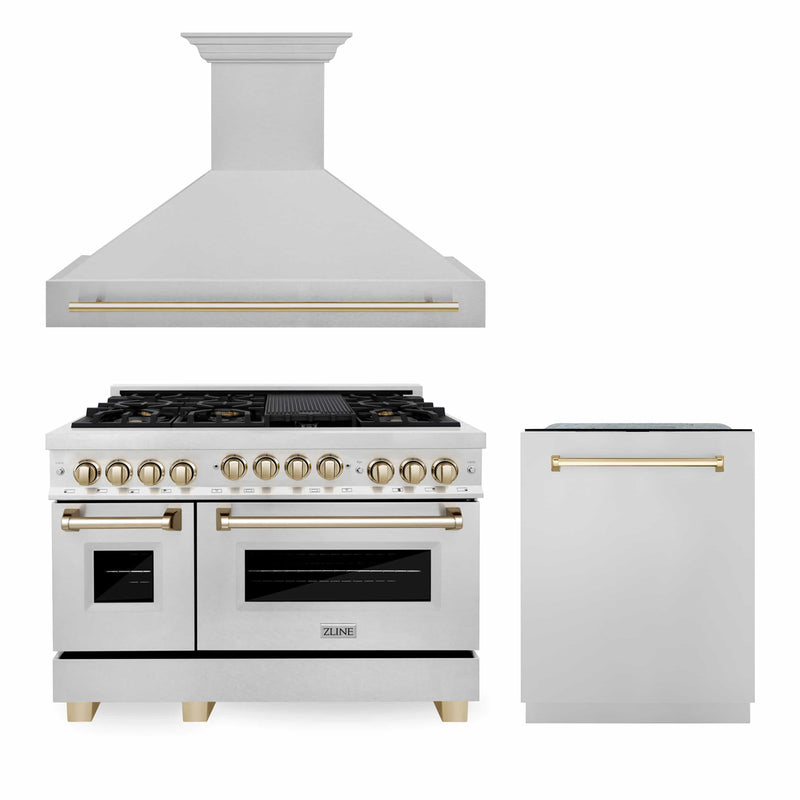 ZLINE 48-Inch Autograph Edition Kitchen Package - Dual Fuel Range, Wall Mount Range Hood and Dishwasher in DuraSnow Stainless Steel with Gold Accents (3AKPR-RASRHDWM48-G)