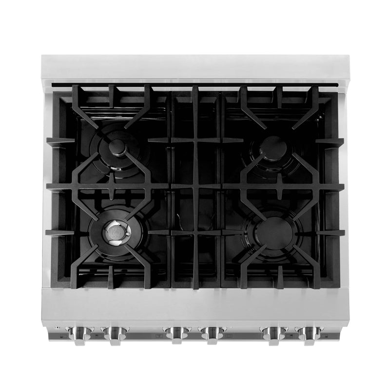 ZLINE 4-Piece Appliance Package - 30-Inch Dual Fuel Range, Refrigerator, Convertible Wall Mount Hood, and 3-Rack Dishwasher in Stainless Steel (4KPR-RARH30-DWV)