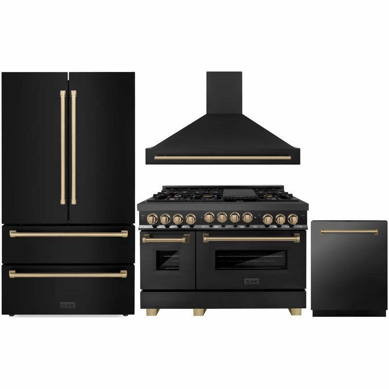 ZLINE Autograph Edition 4-Piece Appliance Package - 48-Inch Gas Range, Refrigerator, Wall Mounted Range Hood, & 24-Inch Tall Tub Dishwasher in Black Stainless Steel with Champagne Bronze Trim (4AKPR-RGBRHDWV48-CB)