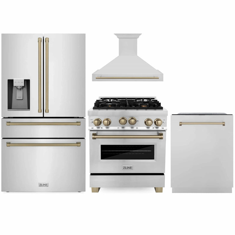 ZLINE Autograph Edition 4-Piece Appliance Package - 30-Inch Gas Range, Refrigerator with Water Dispenser, Wall Mounted Range Hood, & 24-Inch Tall Tub Dishwasher in Stainless Steel with Champagne Bronze Trim (4AKPR-RGRHDWM30-CB)