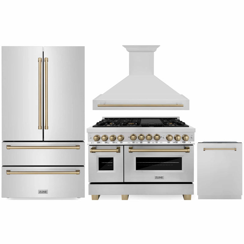 ZLINE Autograph Edition 4-Piece Appliance Package - 48-Inch Gas Range, Refrigerator, Wall Mounted Range Hood, & 24-Inch Tall Tub Dishwasher in Stainless Steel with Champagne Bronze Trim (4AKPR-RGRHDWM48-CB)
