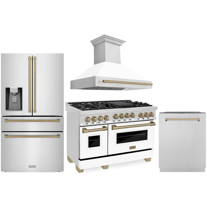 ZLINE Autograph Edition 4-Piece Appliance Package - 48-Inch Stainless Steel Gas Range, Refrigerator with Water Dispenser, Wall Mounted Range Hood, & 24-Inch Tall Tub Dishwasher in White Matte and Champagne Bronze Accents (4AKPR-RGWMRHDWM48-CB)