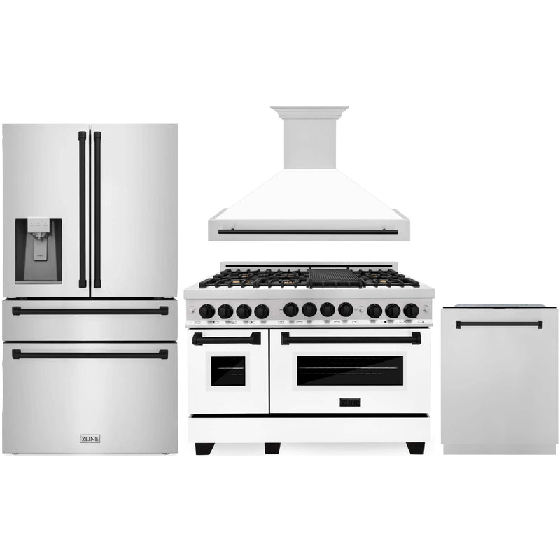 ZLINE Autograph Edition 4-Piece Appliance Package - 48-Inch Stainless Steel Gas Range, Refrigerator with Water Dispenser, Wall Mounted Range Hood, & 24-Inch Tall Tub Dishwasher in White Matte and Matte Black Accents (4AKPR-RGWMRHDWM48-MB)