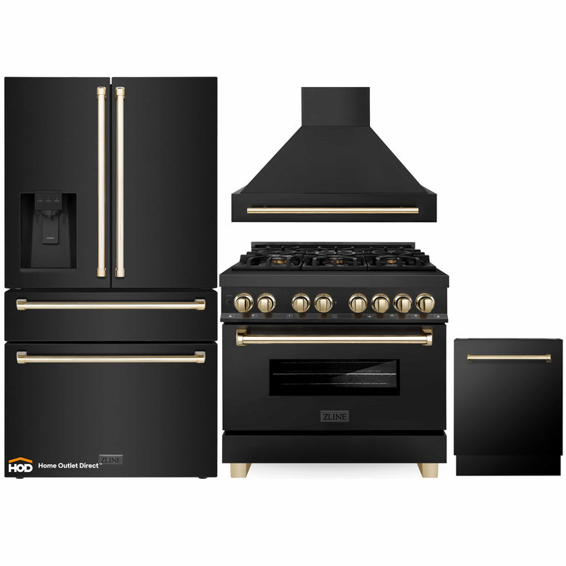 ZLINE Autograph Edition 4-Piece Appliance Package - 36-Inch Dual Fuel Range, Refrigerator with Water Dispenser, Wall Mounted Range Hood, and 24-Inch Tall Tub Dishwasher in Black Stainless Steel with Gold Trim (4KAPR-RABRHDWV36-G)