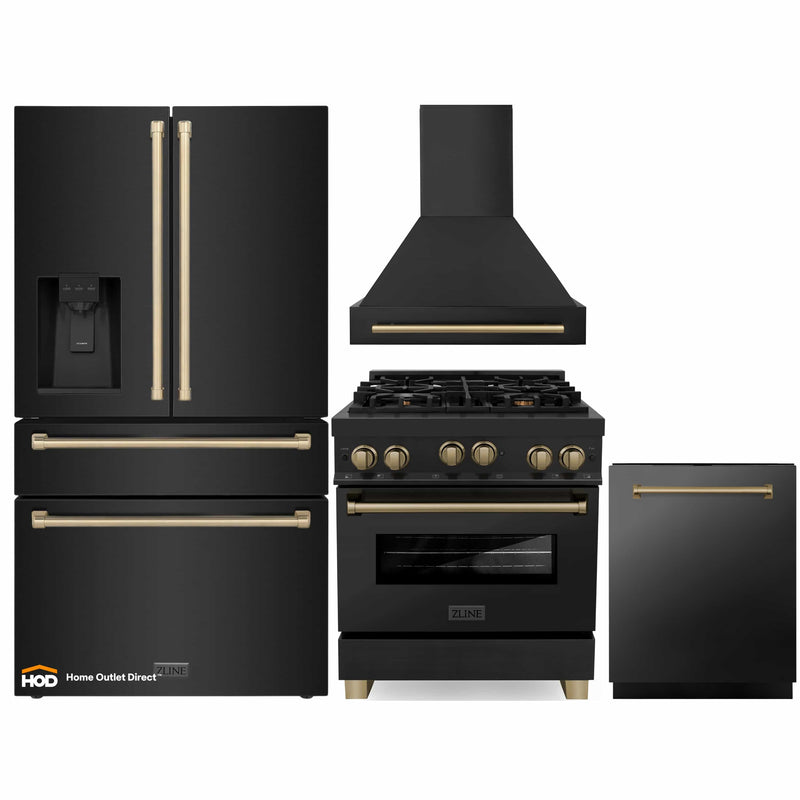 ZLINE Autograph Edition 4-Piece Appliance Package - 30-Inch Gas Range, Refrigerator with Water Dispenser, Wall Mounted Range Hood, & 24-Inch Tall Tub Dishwasher in Black Stainless Steel with Champagne Bronze Trim (4KAPR-RGBRHDWV30-CB)