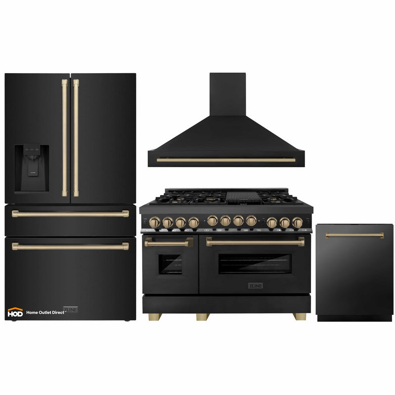 ZLINE Autograph Edition 4-Piece Appliance Package - 48-Inch Gas Range, Refrigerator with Water Dispenser, Wall Mounted Range Hood, & 24-Inch Tall Tub Dishwasher in Black Stainless Steel with Champagne Bronze Trim (4KAPR-RGBRHDWV48-CB)