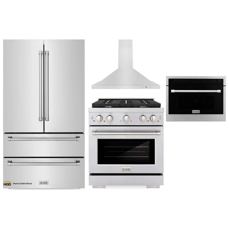 ZLINE 4-Piece Appliance Package - 30-Inch Gas Range, Refrigerator, Convertible Wall Mount Hood, and Microwave Oven in Stainless Steel (4KPR-RGRH30-MO)