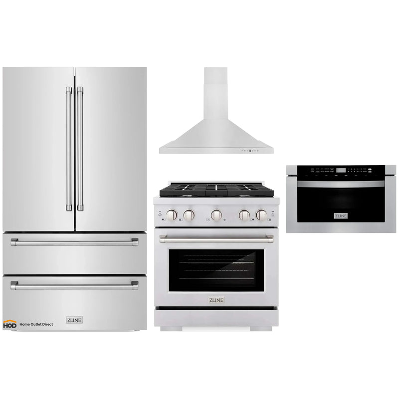 ZLINE 4-Piece Appliance Package - 30-Inch Gas Range, Refrigerator, Convertible Wall Mount Hood, and Microwave Drawer in Stainless Steel (4KPR-RGRH30-MW)
