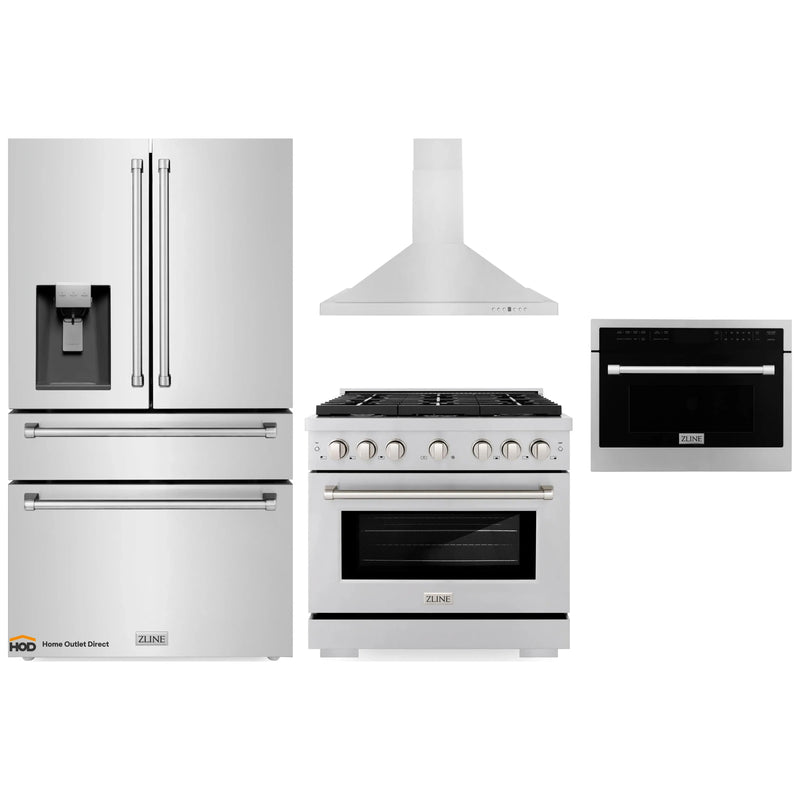 ZLINE 4-Piece Appliance Package - 36-Inch Gas Range, Refrigerator with Water Dispenser, Convertible Wall Mount Hood, and Microwave Oven in Stainless Steel (4KPRW-RGRH36-MWO)